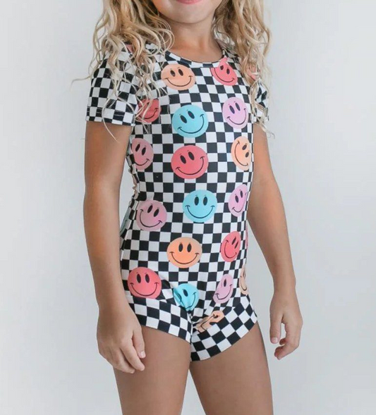 Preorder S0534 Swimming wear Black plaid smile face short sleeve romper Girls Summer clothes 202502