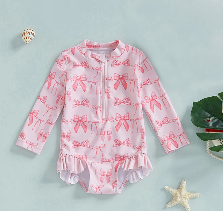 preorder S0535 Pink Bows long sleeve swimming wear Girls Boutique Summer outfit 202502