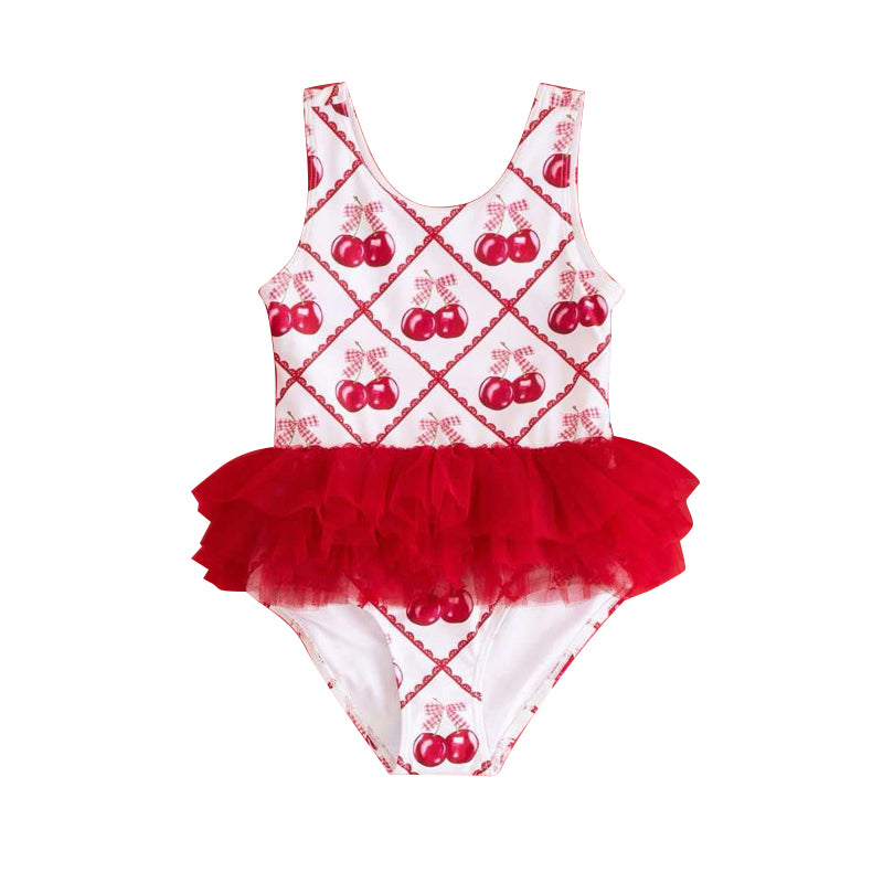 Preorder S0536 Red ruffled Cherry Sleeveless Romper Overall Jumpsuit Swimming wear Girls Boutique summer clothes 202502