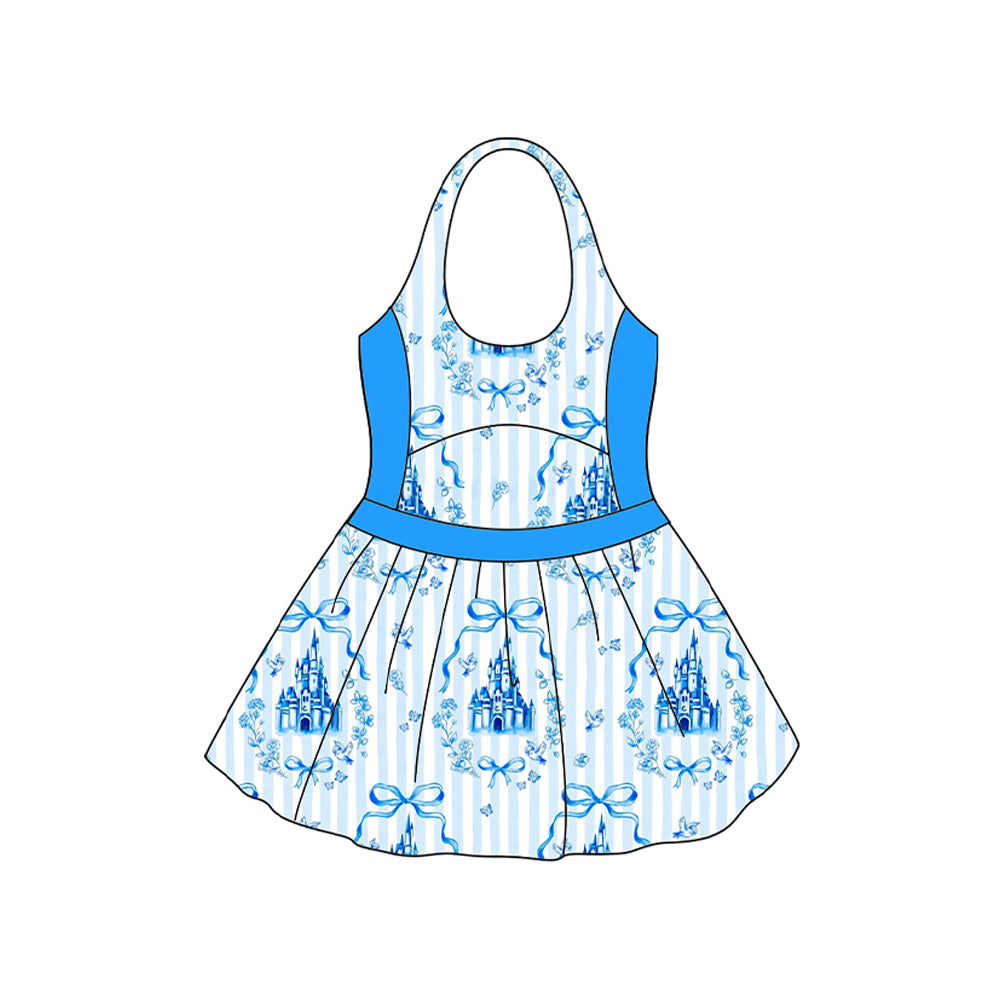 Preorder S0538 Blue Bows Princess Castle Halterneck Sleeveless Romper Girls Boutique Swimming wear 202503