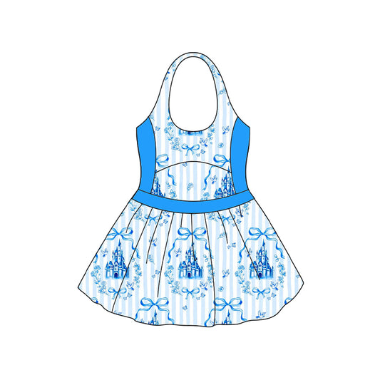 Preorder S0538 Blue Bows Princess Castle Halterneck Sleeveless Romper Girls Boutique Swimming wear 202503