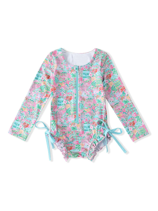 Preorder S0539 Green Pink Flower Zip Long Sleeve Romper Girls Boutique Swimming wear 202503