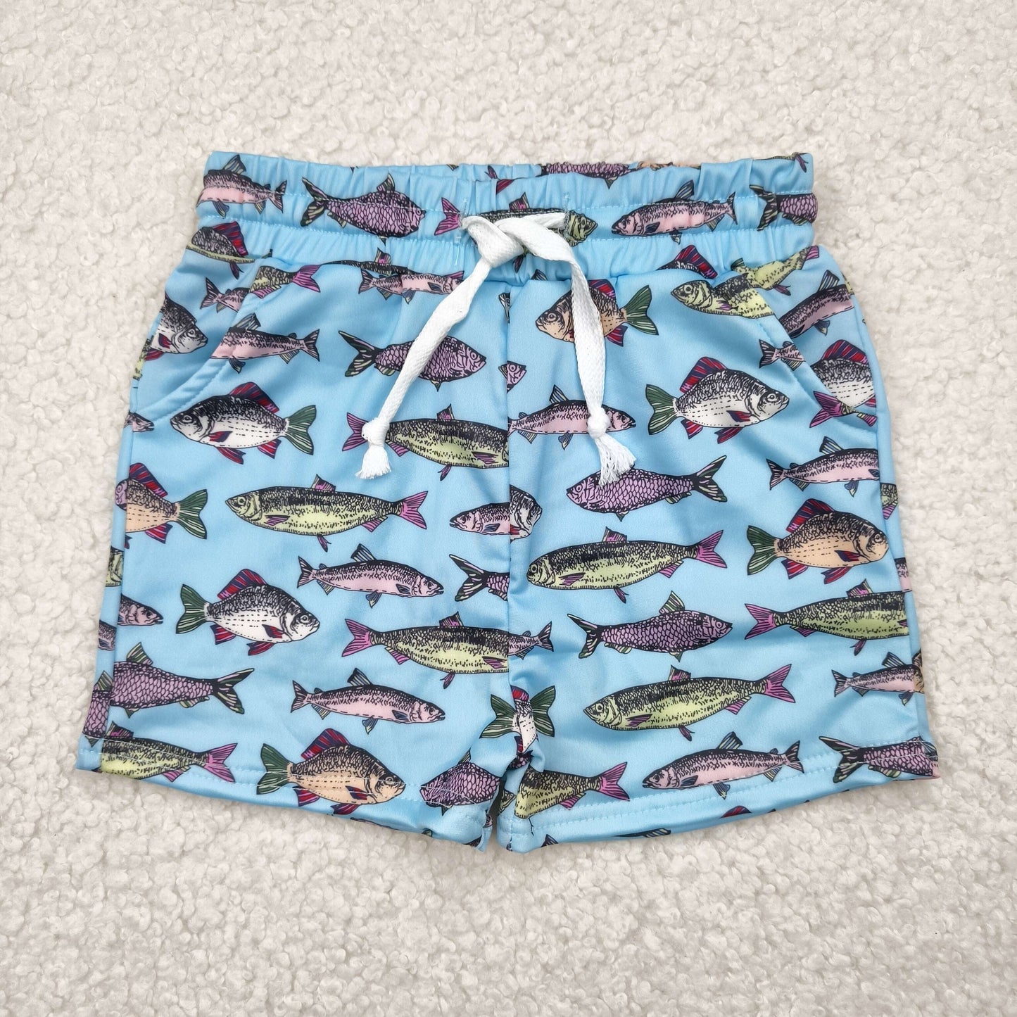 S0542 Fish Blue Green Shorts boys swimming trunks boutique 202504 RTS