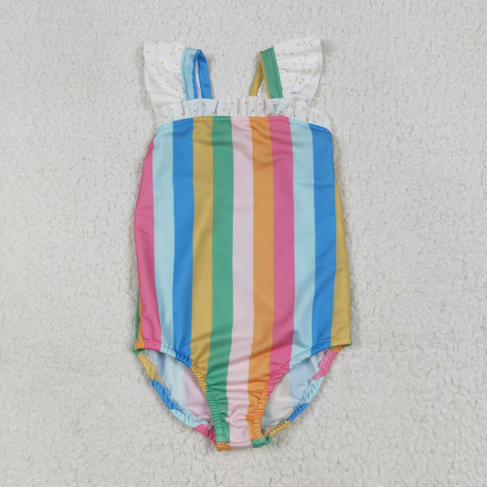 S0550 Colored Stripe Ruffle Flying Sleeve Romper Girls Boutique Swimming Wear 202506 RTS