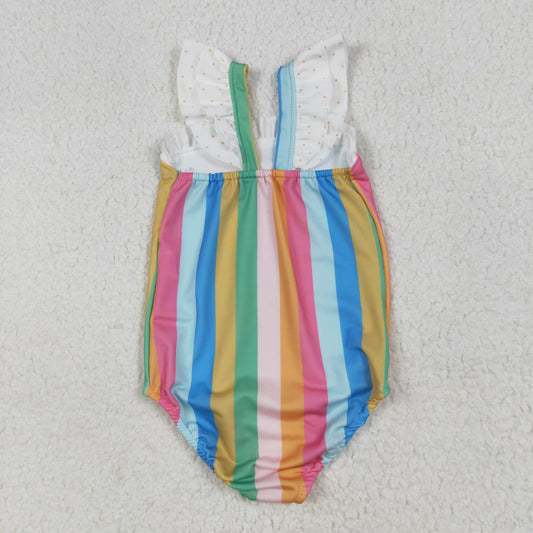 S0550 Colored Stripe Ruffle Flying Sleeve Romper Girls Boutique Swimming Wear 202506 RTS