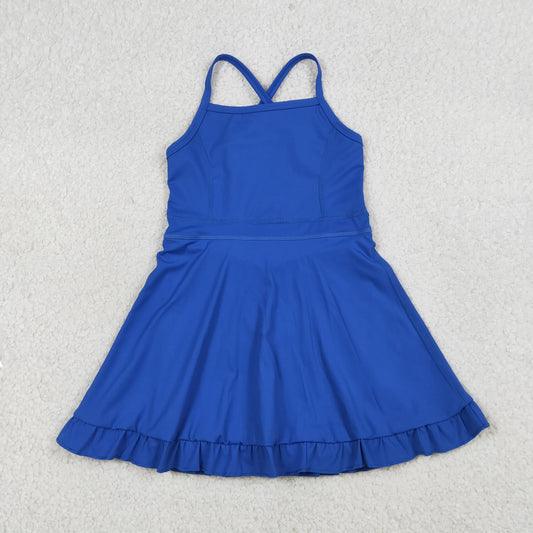 NEW S0551 Solid Blue Ruffle Halter Yoga Dresses for Girls 202603 RTS