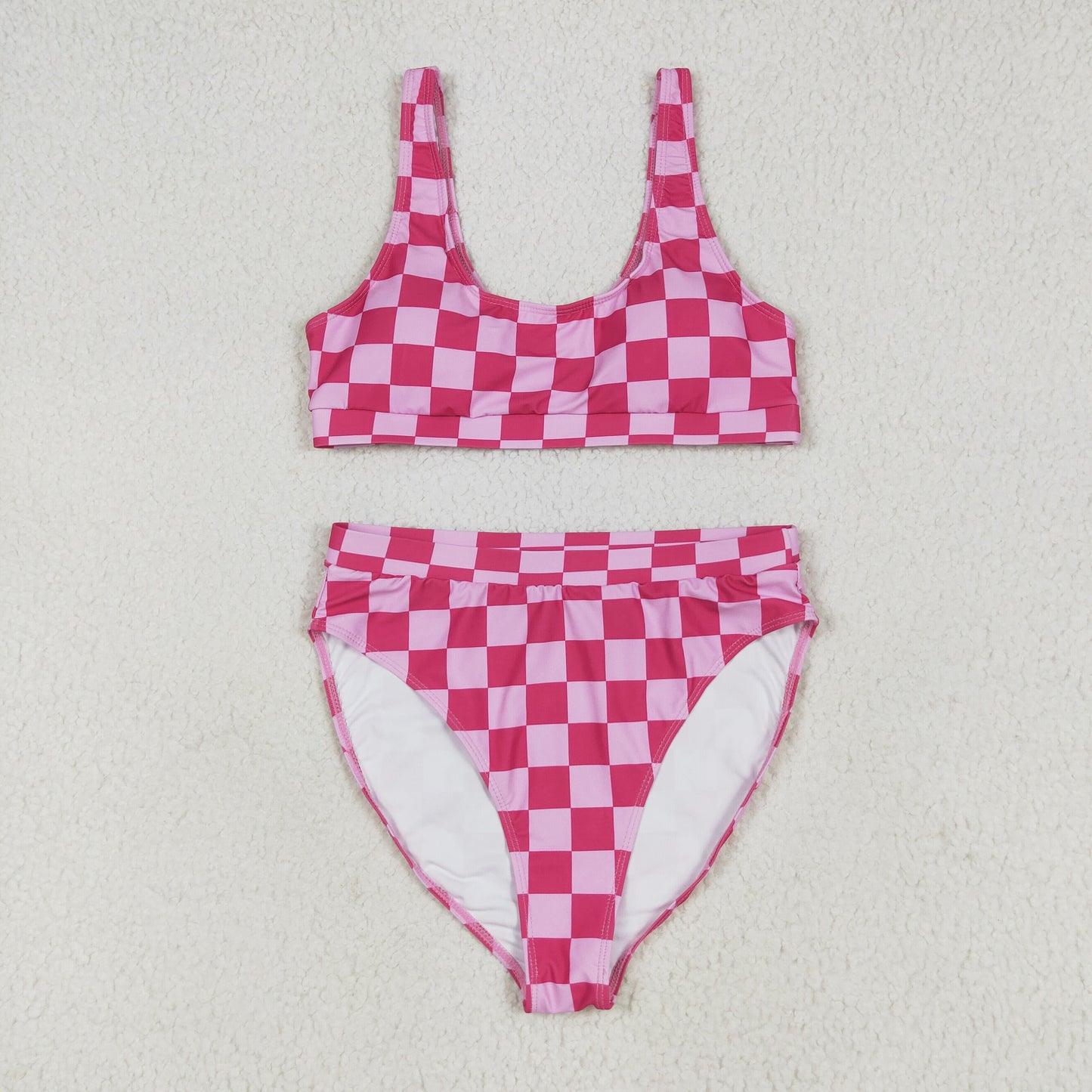 S0559 Women Swimming Suits Rose Red Plaid Vest and Briefs Outfits 202506 RTS