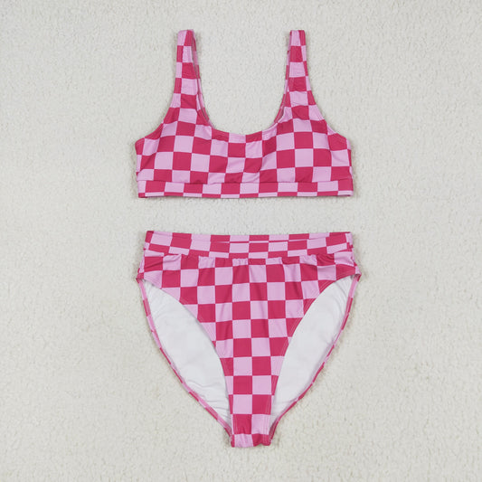 S0555改--S0559 adult female rose red plaid vest briefs swimming sets 202506