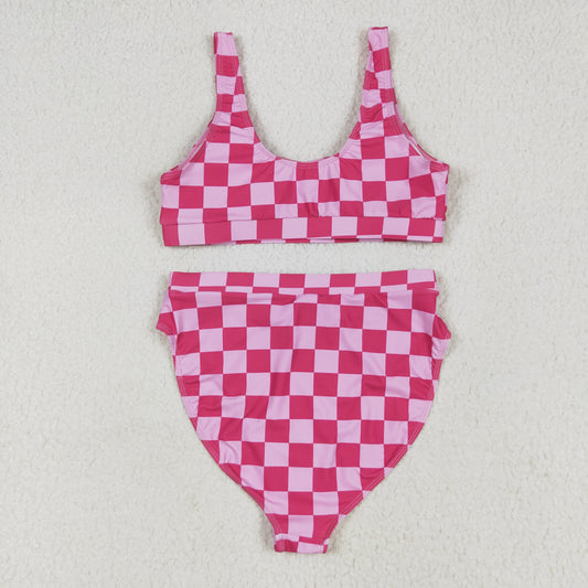 S0559 Women Swimming Suits Rose Red Plaid Vest and Briefs Outfits 202506 RTS