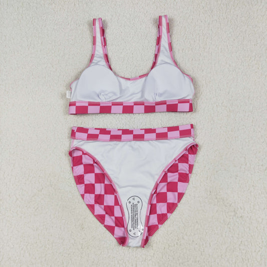 S0559 Women Swimming Suits Rose Red Plaid Vest and Briefs Outfits 202506 RTS