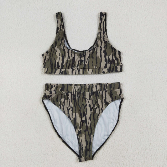 S0562 Boutique Clothing Women Swimwear Army Green Camo Leaf Vest and Brief Set RTS 202506 RTS