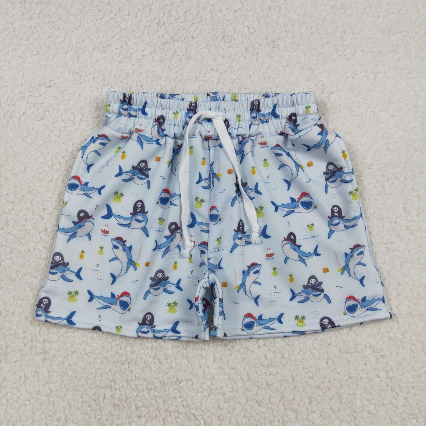 S0586 Pirate Shark Light Blue Shorts Boys Swimming Trunks 202512 RTS