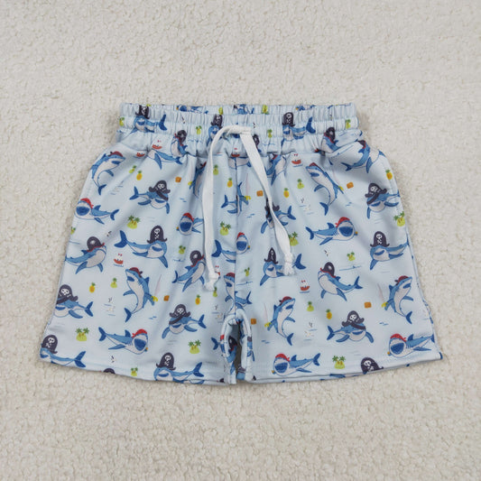 S0586 Pirate Shark Light Blue Shorts Boys Swimming Trunks 202512 RTS