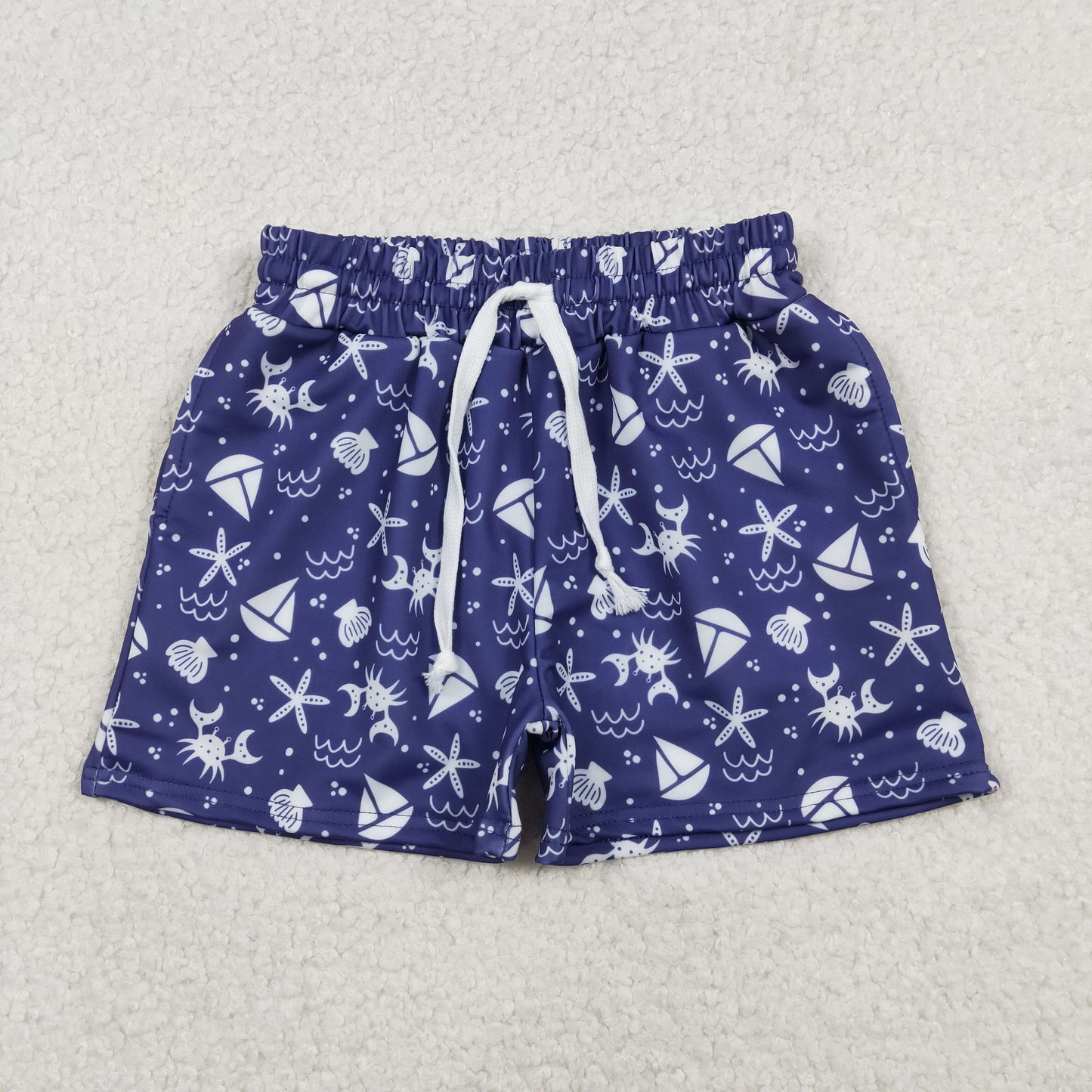 S0587 Crab Starfish Sailboat Navy Shorts Boys Swimming Trunks 202512 RTS
