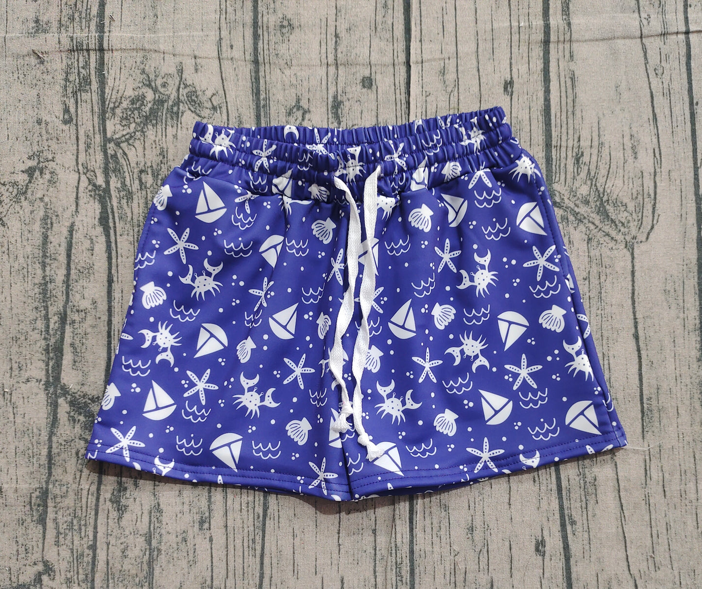 NO MOQ Preorder S0587 Crab Starfish Sailboat Navy Shorts Boys Swimming Trunks 202511