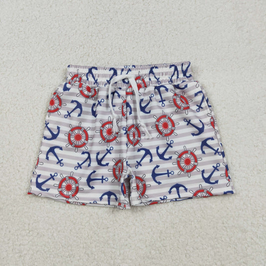 S0589 Anchor Rudder Gray Striped Shorts Boys Swimming Trunks 202512 RTS