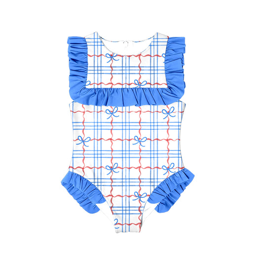MOQ 5 Preorder S0590 Colored Plaid Bows Blue Ruffle Sleeveless Girls Swimming Romper 202510