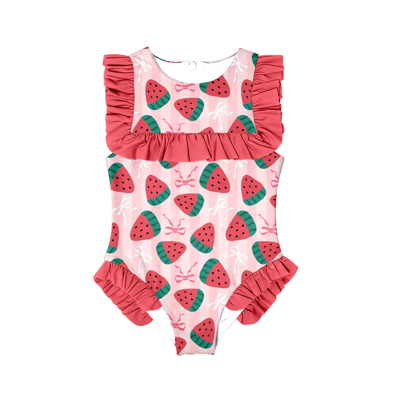 MOQ 5 Preorder S0591 Watermelon Bows Red Ruffle Sleeveless Girls Swimming Romper 202510