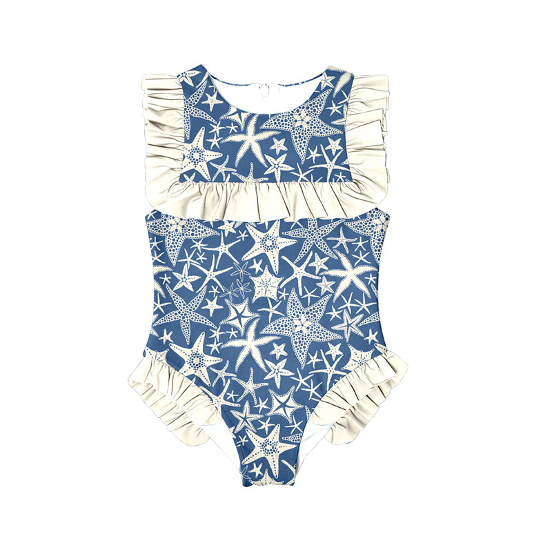 MOQ 5 Preorder S0594 Starfish Beige Ruffle Blue Sleeveless Girls Swimming Romper 202510
