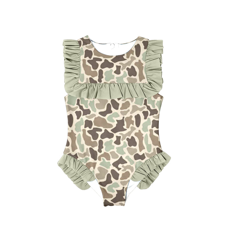 MOQ 5 Preorder S0595 Camouflage Light Green Ruffle Sleeveless Girls Swimming Romper 202510