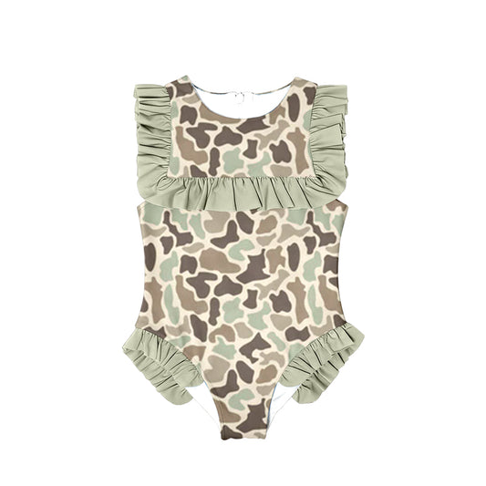 MOQ 5 Preorder S0595 Camouflage Light Green Ruffle Sleeveless Girls Swimming Romper 202510
