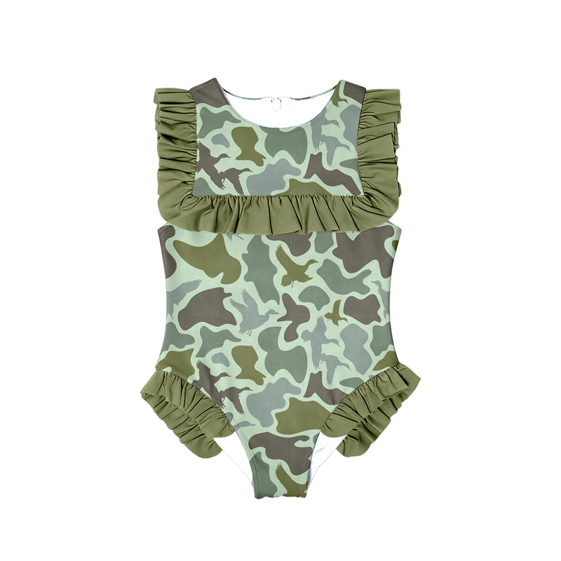 MOQ 5 Preorder S0596 Camouflage Army Green Ruffle Sleeveless Girls Swimming Romper 202510