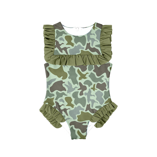 MOQ 5 Preorder S0596 Camouflage Army Green Ruffle Sleeveless Girls Swimming Romper 202510