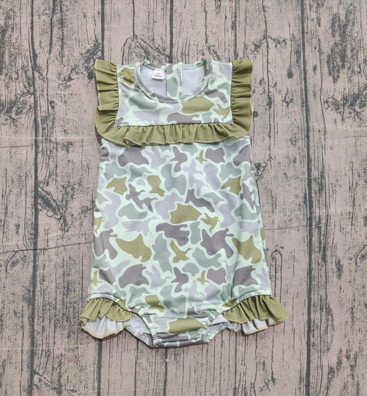 NO MOQ Preorder S0596 Camouflage Army Green Ruffle Sleeveless Girls Swimming Romper 202511