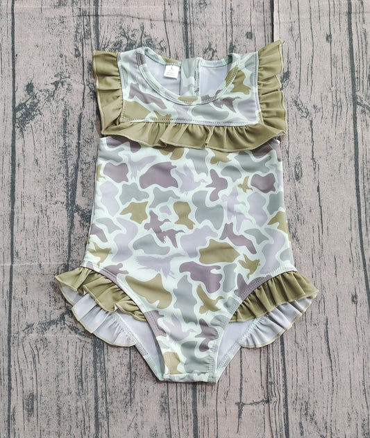 NO MOQ Preorder S0596 Camouflage Army Green Ruffle Sleeveless Girls Swimming Romper 202511
