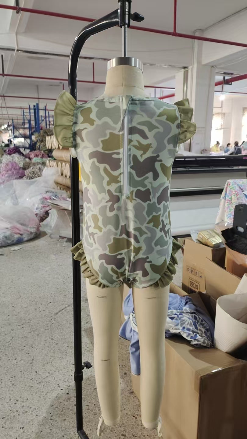 S0596 Camouflage Army Green Ruffle Sleeveless Girls Swimming Romper 202601 RTS