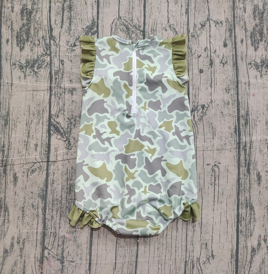 NO MOQ Preorder S0596 Camouflage Army Green Ruffle Sleeveless Girls Swimming Romper 202511