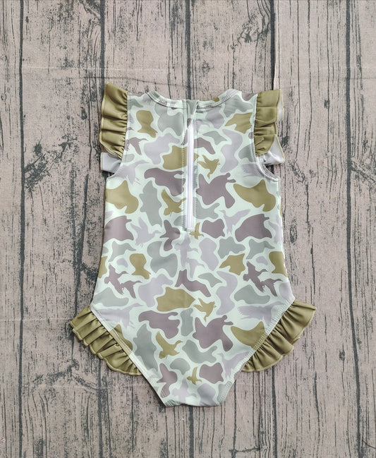 NO MOQ Preorder S0596 Camouflage Army Green Ruffle Sleeveless Girls Swimming Romper 202511