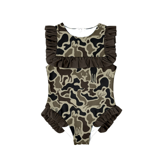 MOQ 5 Preorder S0597 Deer Hunting Camouflage Brown Ruffle Sleeveless Girls Swimming Romper 202510