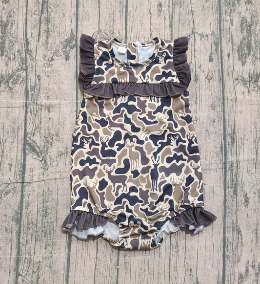 NO MOQ Preorder S0597 Deer Hunting Camouflage Brown Ruffle Sleeveless Girls Swimming Romper 202511