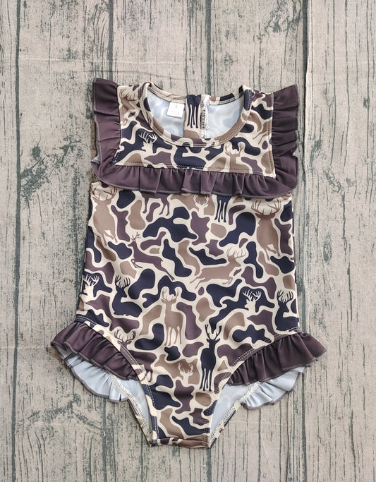 NO MOQ Preorder S0597 Deer Hunting Camouflage Brown Ruffle Sleeveless Girls Swimming Romper 202511