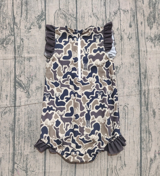NO MOQ Preorder S0597 Deer Hunting Camouflage Brown Ruffle Sleeveless Girls Swimming Romper 202511
