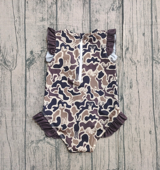 NO MOQ Preorder S0597 Deer Hunting Camouflage Brown Ruffle Sleeveless Girls Swimming Romper 202511