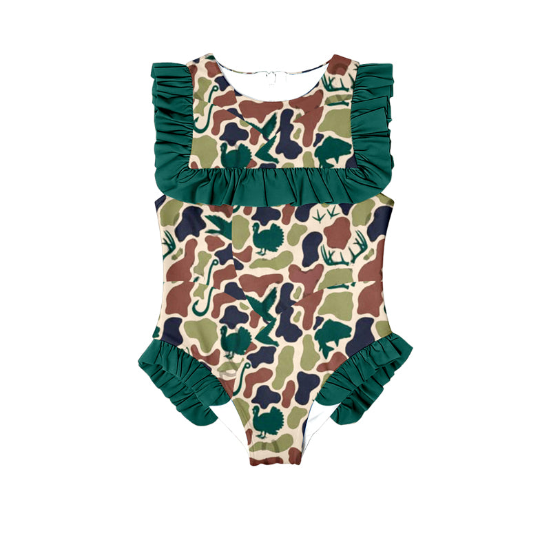 MOQ 5 Preorder S0598 Duck Hunting Camouflage Green Ruffle Sleeveless Girls Swimming Romper 202510