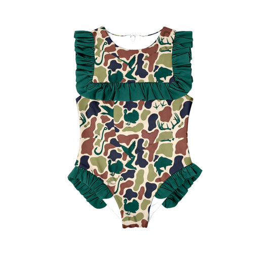 MOQ 5 Preorder S0598 Duck Hunting Camouflage Green Ruffle Sleeveless Girls Swimming Romper 202510