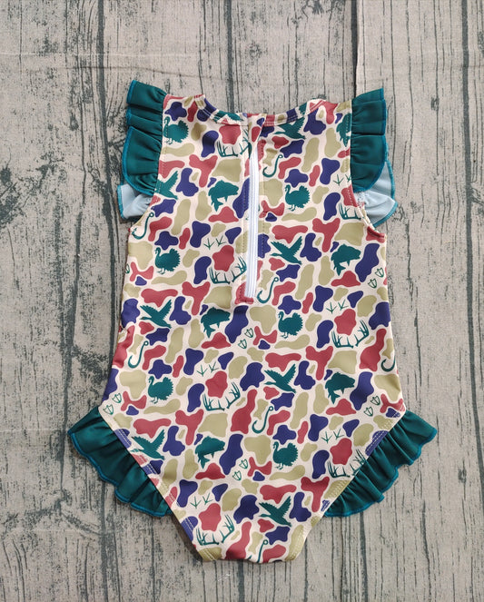 NO MOQ Preorder S0598 Duck Hunting Camouflage Green Ruffle Sleeveless Girls Swimming Romper 202511