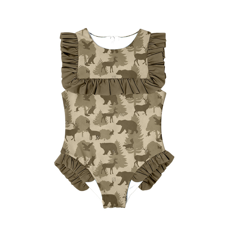 MOQ 5 Preorder S0599 Deer Duck Bear Animal Pine Ruffle Sleeveless Girls Swimming Romper 202510