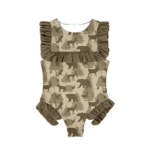 MOQ 5 Preorder S0599 Deer Duck Bear Animal Pine Ruffle Sleeveless Girls Swimming Romper 202510