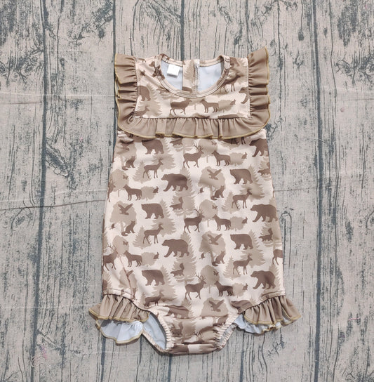 NO MOQ Preorder S0599 Deer Duck Bear Animal Pine Ruffle Sleeveless Girls Swimming Romper 202511