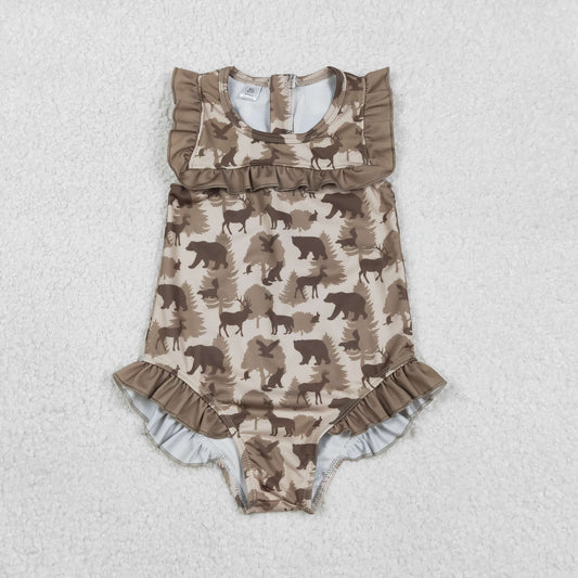 S0599 Deer Duck Bear Animal Pine Ruffle Sleeveless Girls Swimming Romper 202601 RTS