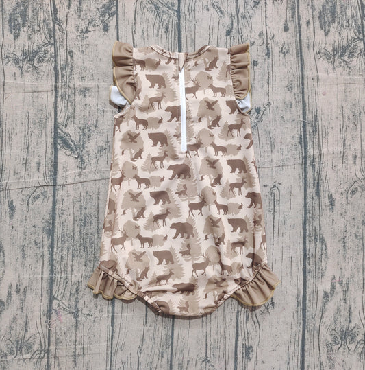 NO MOQ Preorder S0599 Deer Duck Bear Animal Pine Ruffle Sleeveless Girls Swimming Romper 202511