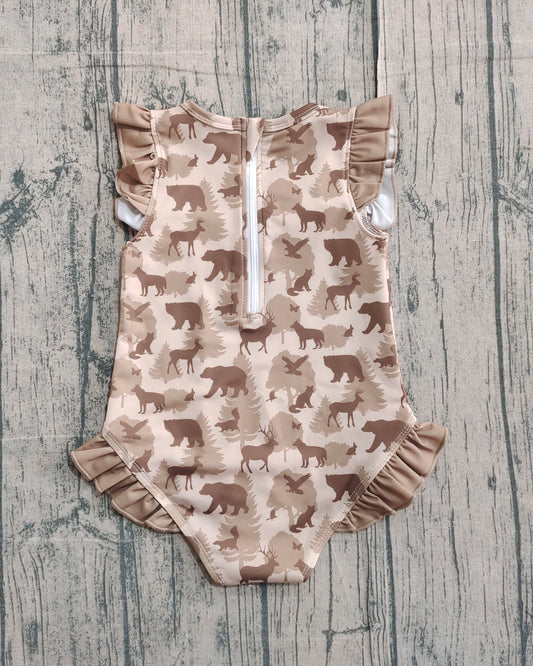 NO MOQ Preorder S0599 Deer Duck Bear Animal Pine Ruffle Sleeveless Girls Swimming Romper 202511