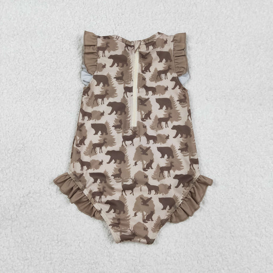 S0599 Deer Duck Bear Animal Pine Ruffle Sleeveless Girls Swimming Romper 202601 RTS