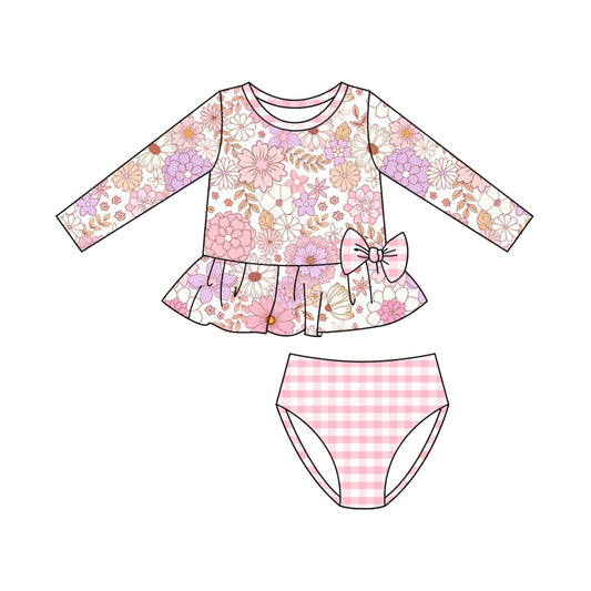 MOQ 5 Preorder S0602 Flower Bows Long Sleeve Top Pink Plaid Briefs Girls Swimsuits 202510