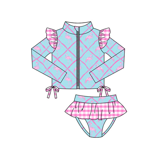 MOQ 5 Preorder S0604 Flamingo Plaid Bows Blue Zipper Long Sleeve Top Pink Plaid Ruffle Briefs Girls Swimsuits 202510