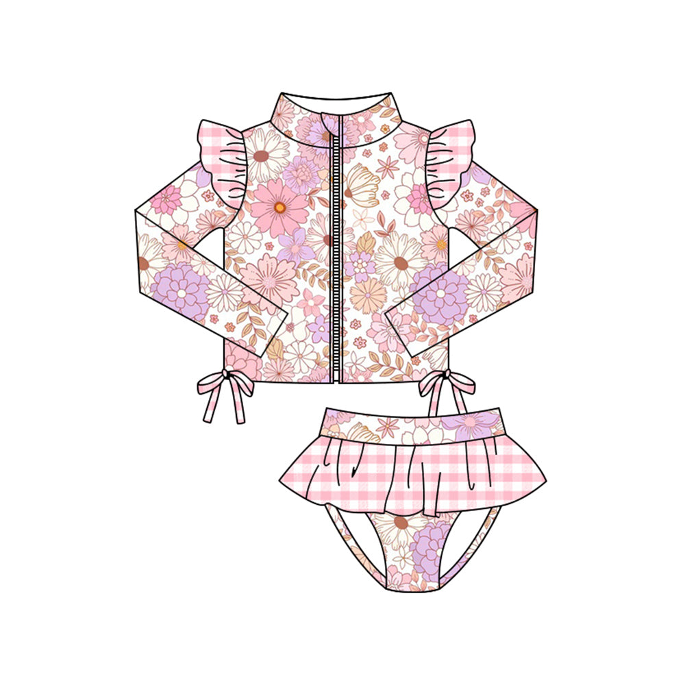 MOQ 5 Preorder S0605 Flower Bows Zipper Long Sleeve Top Pink Plaid Ruffle Briefs Girls Swimsuits 202510